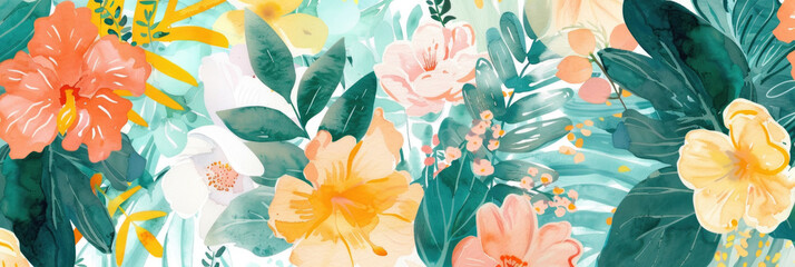 A detailed watercolor painting featuring various flowers and leaves in vibrant colors, showcasing intricate details and delicate brushwork - obrazy, fototapety, plakaty