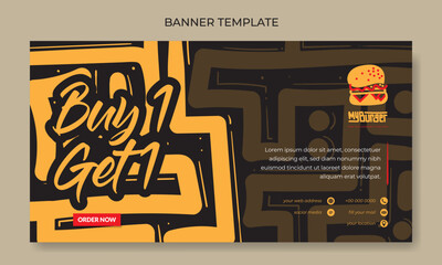 Banner template with yellow hand drawn background design for street food advertising