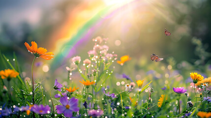 Radiant Meadows
A wildflower meadow bathed in the golden glow of sunset with a vibrant rainbow arching overhead, while a lone butterfly dances amidst the twinkling light and colorful blooms.