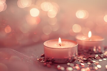 Obraz na płótnie Canvas Romantic candles on blush, with shimmering bokeh adding magic.