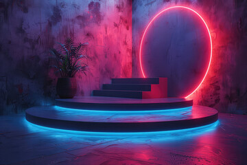 A circular podium with neon lights on the sides, surrounded by blue and red light, set against an old concrete wall background. Created with Ai