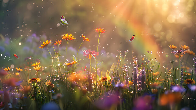 Radiant Meadows
A wildflower meadow bathed in the golden glow of sunset with a vibrant rainbow arching overhead, while a lone butterfly dances amidst the twinkling light and colorful blooms.