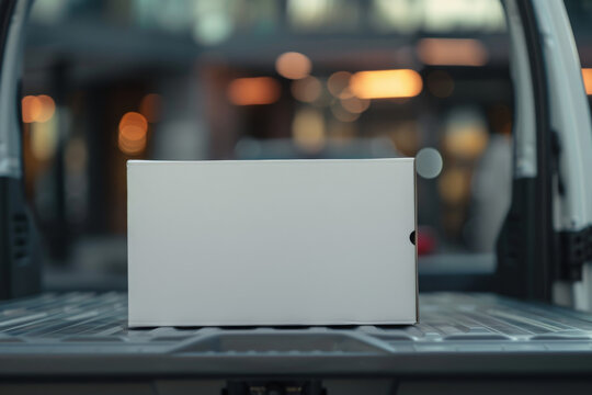 White box on the floor of a cargo van, blurred city lights