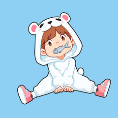 Boys in bear costumes bite fish
