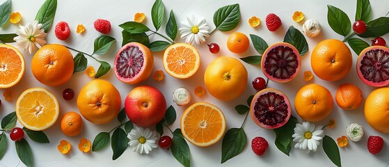 Colorful citrus fruit arrangement with fresh leaves. Ideal for food photography, recipe websites, and healthy meal inspiration. - obrazy, fototapety, plakaty