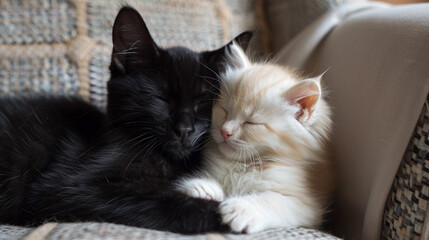A sleek black cat grooms its fluffy white kitten, both curled up in a cozy armchair.