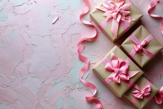 A muted pastel background with wrapped gifts, pink ribbons and bows on the edges of the picture. Created with Ai