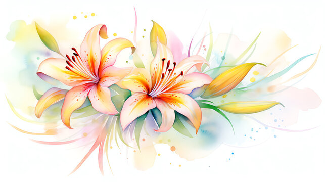 Detailed watercolor lilies with vivid clarity and precision, on a clean white canvas, ideal for upscale wedding stationery or florist portfolio showcases