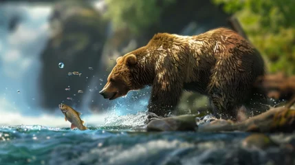 Fototapeten bear hunting fish in a river © Marco