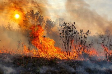 Raging wildfire consuming dry underbrush with billowing smoke. - obrazy, fototapety, plakaty