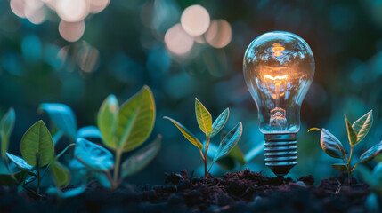 A composition featuring a light bulb and green plants, symbolizing energy conservation - obrazy, fototapety, plakaty