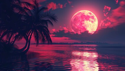 A stunning full moon over the tropical beach with palm trees and reflections in the water on a red sky background