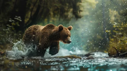 Fototapeten bear hunting fish in a daytime river in high resolution © Marco