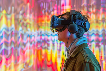 Fototapeta na wymiar Virtual Reality Soundscapes: Gamers wearing VR headsets, sound waves visualized in a digital world.
