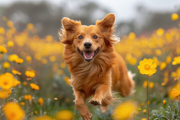 A brown  border collie is running through yellow flowers, its ears flying in the wind as it smiles at the camera. Created with Ai