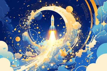 A rocket taking off into space, surrounded by stars and clouds. Abstract shapes in the background symbolize innovation and growth. 