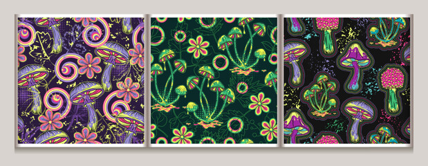Set of patterns with fantasy mushrooms in psychedelic style. Bright neon fluorescent colors. For apparel, fabric, textile, surface design