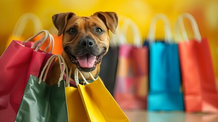 Excited dog poses with vibrant shopping bags after a successful spree. Concept Dog Photography, Shopping Dog, Vibrant Colors, Joyful Pets, Lifestyle Portrait - obrazy, fototapety, plakaty