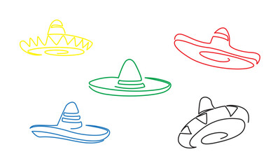 Mexican sombrero hat isolated objects of vector fiesta party and Cinco de Mayo holiday design. line art continue.