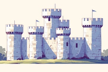 illustration of a white medieval castle, muted colors and a white color palette. 