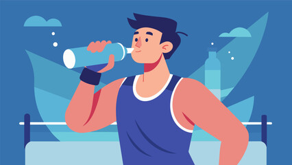 A man takes a quick water break during a cardio kickboxing workout his face glistening with sweat as he catches his breath and rehydrates his - obrazy, fototapety, plakaty