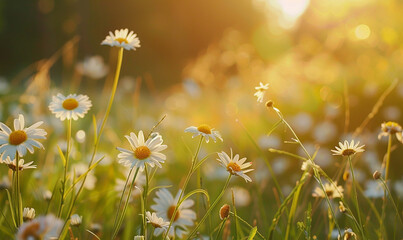 Beautiful spring and summer natural landscape with blooming field of daisies