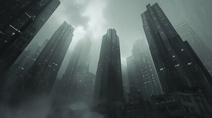 3D visualization of a dystopian cityscape with dark, towering skyscrapers and a gloomy overcast sky, reflecting a theme of oppression and evil.