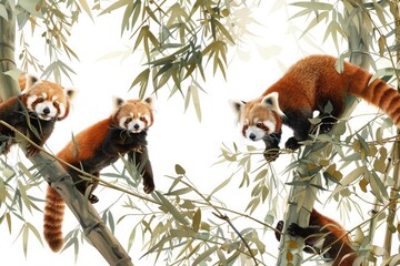 Playful antics of a family of red pandas, tumbling and frolicking among the branches of a towering bamboo forest, isolated on pure white background.
