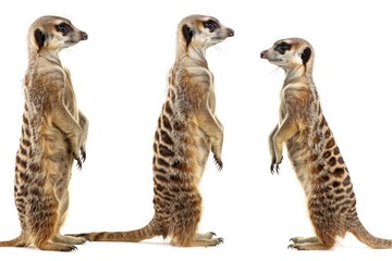 Playful antics of a family of meerkats, standing tall on their hind legs, ever vigilant in the African savannah, isolated on pure white background.