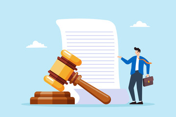 Mature lawyer stands with judge gavel and legal documents. Concept of professional attorney office, realm of law, and authorization of judicial decisions