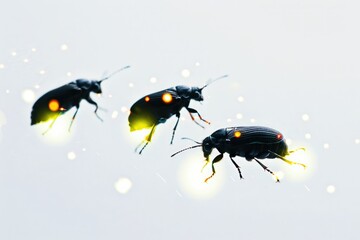 Playful antics of a family of fireflies, illuminating the darkness with their mesmerizing glow, isolated on pure white background.