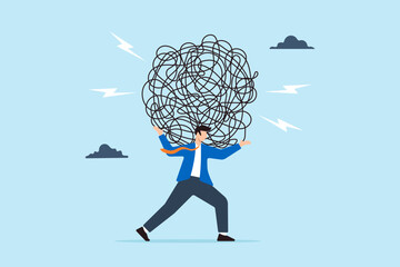 Tired businessman carries heavy tangled line on his back, illustrating burdens of stress. Concept of anxiety from work difficulty, overload, and challenges of navigating economic crises