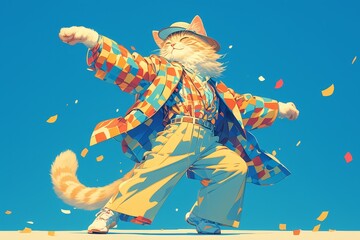 Anthropomorphic cat wearing colorful , standing on two legs and dancing in front view. The background is pastel . The cat is dancing.