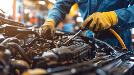 Automobile mechanic working under the hood of a car in a well-equipped garage, tools in hand, focused on engine repair and maintenance. - obrazy, fototapety, plakaty