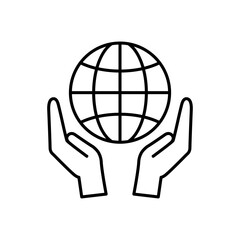Hands holding globe outline icon. Editable stroke. Logo for fundraising, donation or charity event