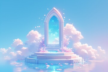 A podium surrounded by clouds with pink and blue gradient background, creating an atmosphere of tranquility. The scene includes an arch above the platform adorned with neon lights.  - obrazy, fototapety, plakaty