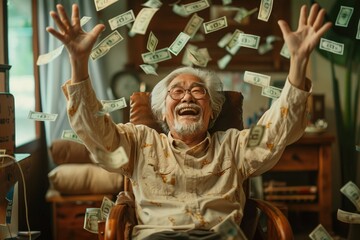 Elderly gray-haired asian man grandfather raise hands up, success, dollars money