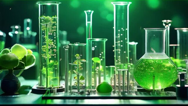 freeze frame. green energy lab tubes on the background of natural colors