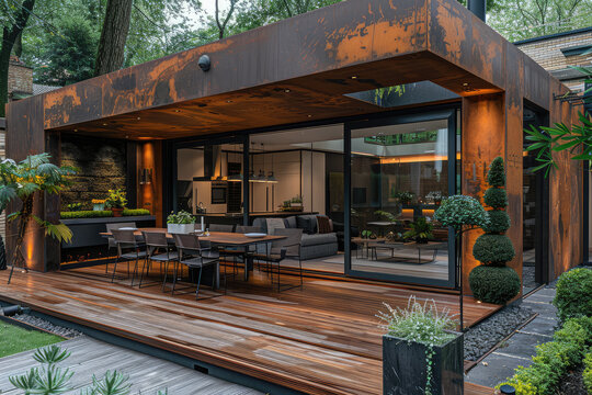 A modern and luxurious cabin in the garden, with black wood details on its exterior walls, large glass windows overlooking an elegant living room decorated with contemporary furniture.Created with Ai
