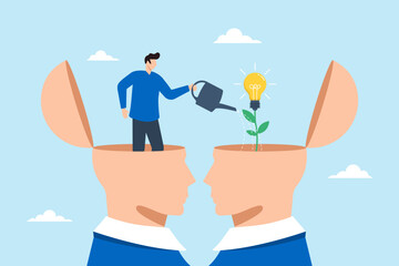 Smart man stand on teacher head watering plant on student head, illustrating teaching and learning to develop new skills and wisdom. Concept of inspiration or growth mindset, and transfer of knowledge