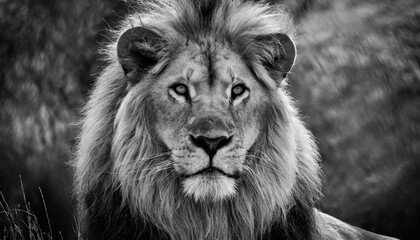 A close up portrait of a male lion's face in Black and white with blue eyes.