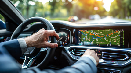 Business professional adjusting a luxury car's navigation system before starting a commute, focusing on the ease and utility of integrated tech.