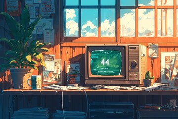 A retro anime illustration of an old television set in the center, with its screen showing number 44