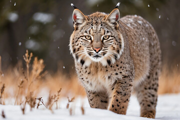 bobcat standing in snow covered meadow