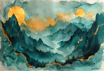 A dark blue mountain range with gold lines, in a watercolor and ink style, with an orange moon in the sky. Created with Ai