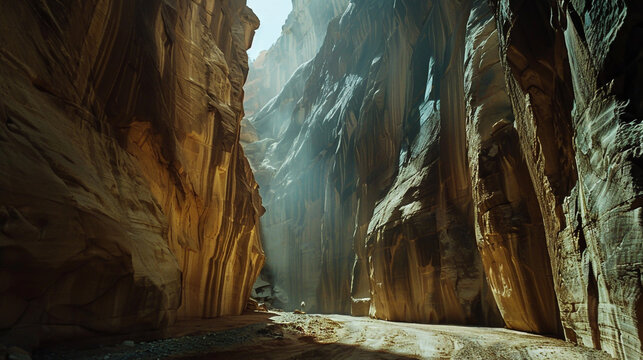 Describe the sensation of being swallowed by the vastness of a canyon, with towering walls rising