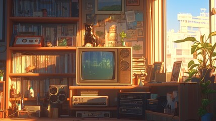 A retro television on the table, in an anime style room, warm light, lofi vibes chill