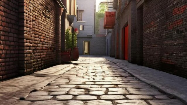 freeze frame. an empty street in the old town. stone roads and brick walls.
