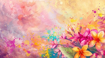 A Holi celebration with a splash of nature. Capture a hand-painted scene of colorful powder blending with blooming spring flowers 