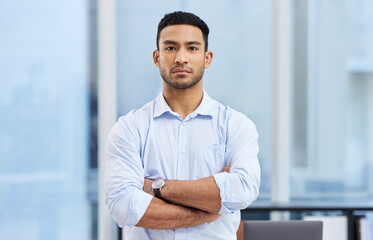 Serious, arms crossed and portrait of business man in office for confidence, professional or...